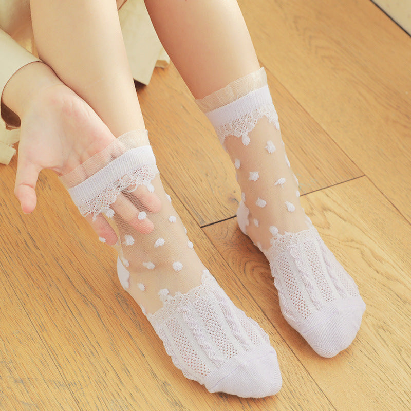 5pairs/set Girls Sweet Lace Mesh Design Polka Dot Socks