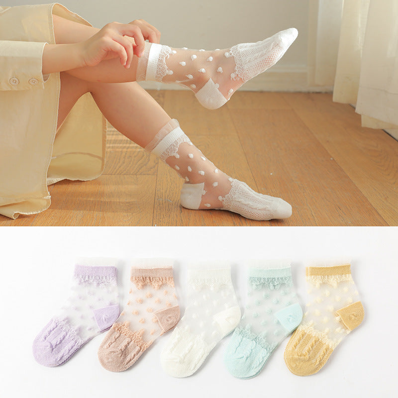 5pairs/set Girls Sweet Lace Mesh Design Polka Dot Socks
