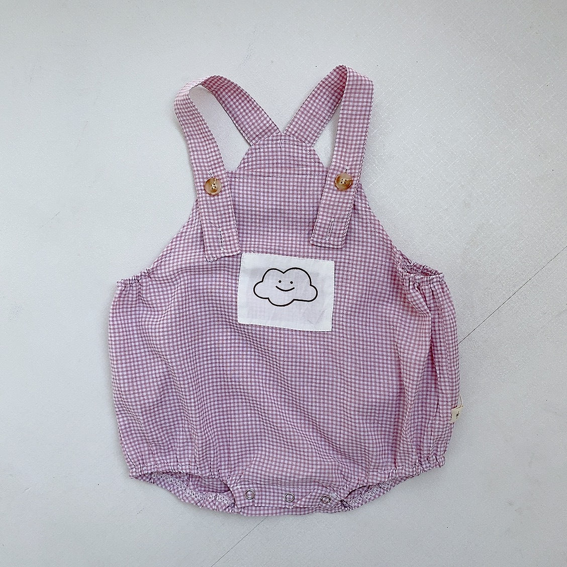 Unisex Babies Cute Smiley Cloud Plaid Suspenders Romper