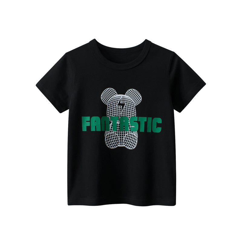 Children Kids Baby Fashion Boys Short Sleeve Bear Letter Print Basic Round Neck T-Shirt