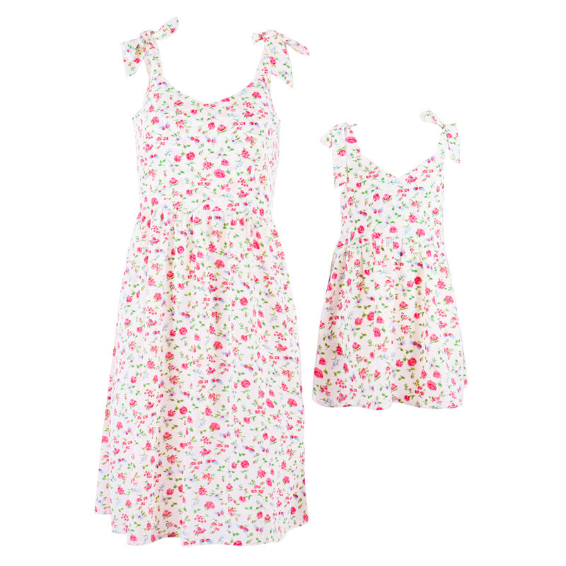 Vacation Summer Floral Cute Mid-Length Mother And Daughter Family Matching Dress