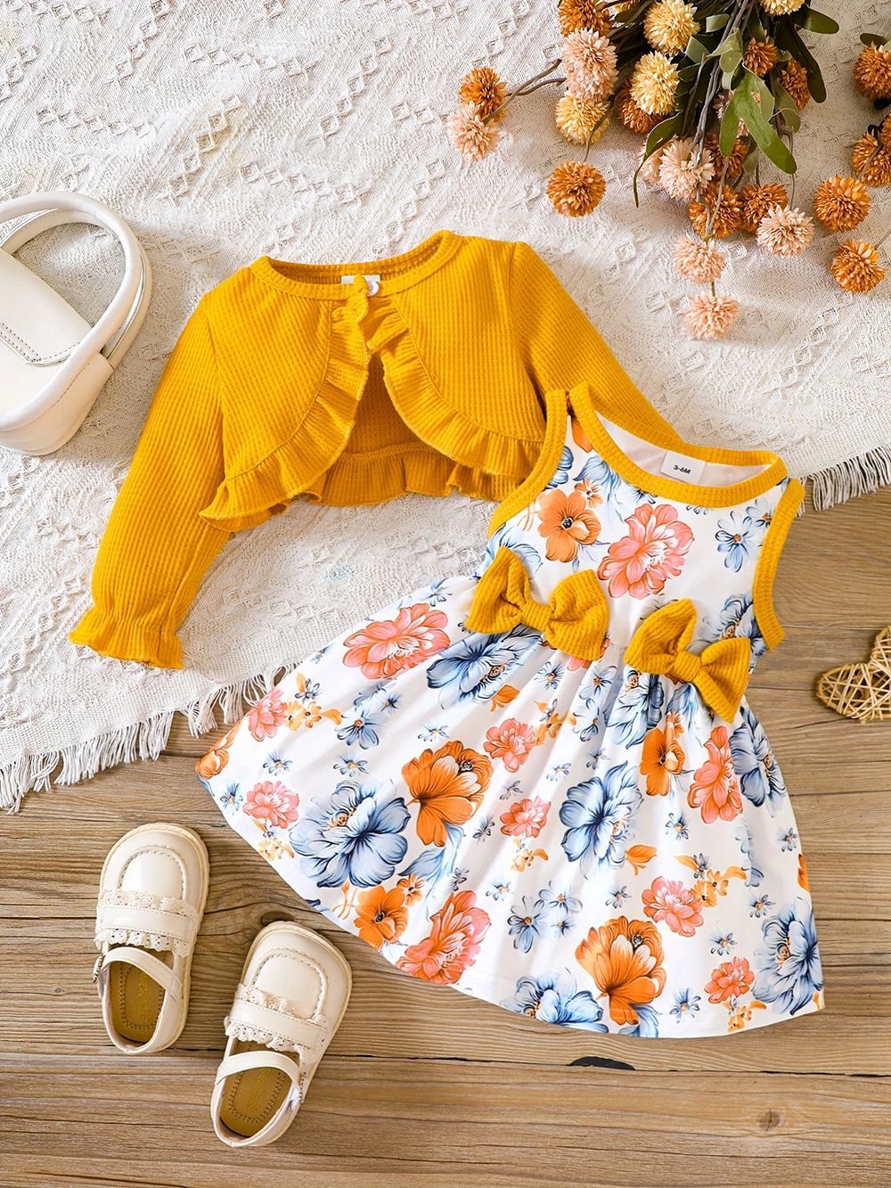 Kids Baby Girls Casual Tiny Flower Print Long Sleeve Cardigan Knitted Top Dress Sets
