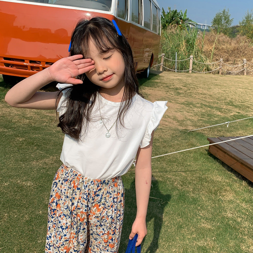 Kids Girls Simple Solid Color Stringy Selvedge Sleeveless Round Neck Loose T-shirt