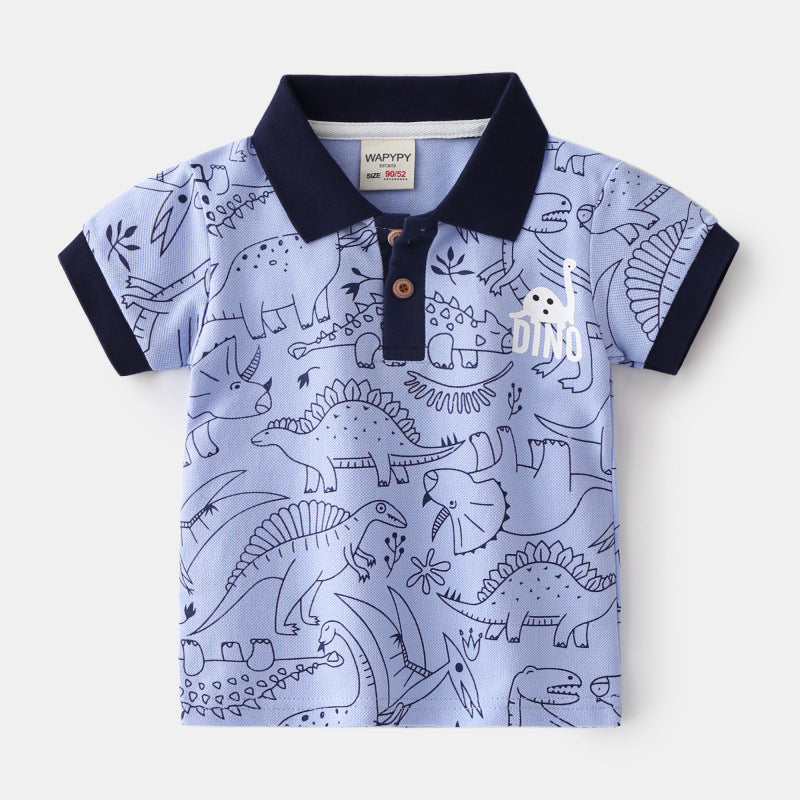 Kids Boys Cute Cartoon Dinosaur Pattern Lapel Short Sleeve T-shirt