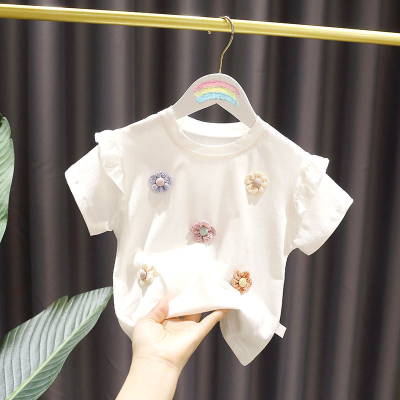 Kids Toddler Girls Casual Cute Flower Short Sleeve Round Neck T-Shirt