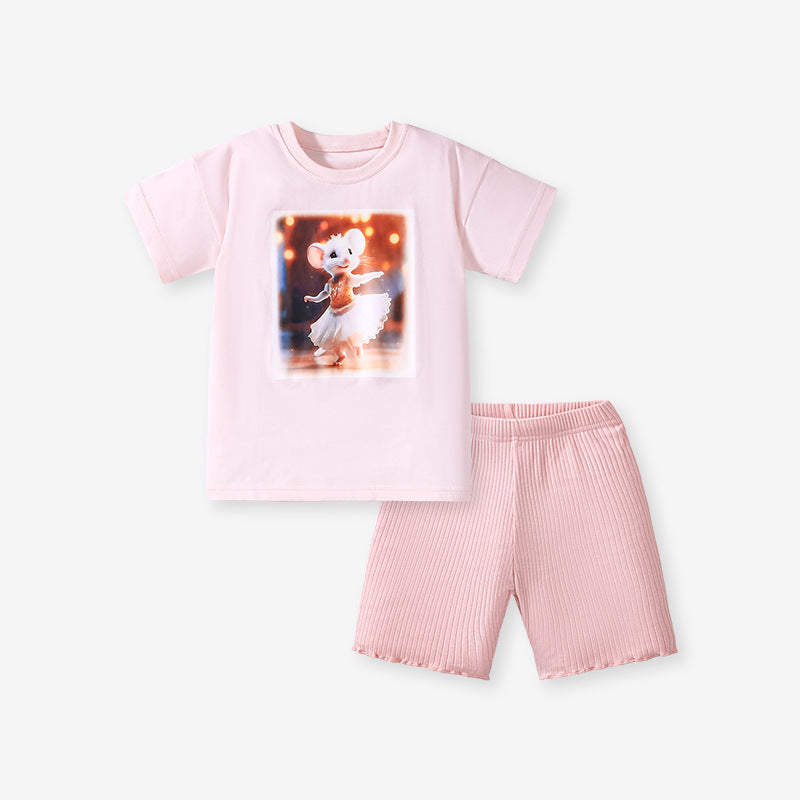 Kids Toddler Girls Casual Cartoon Print Short Sleeve T-Shirt Shorts Sets