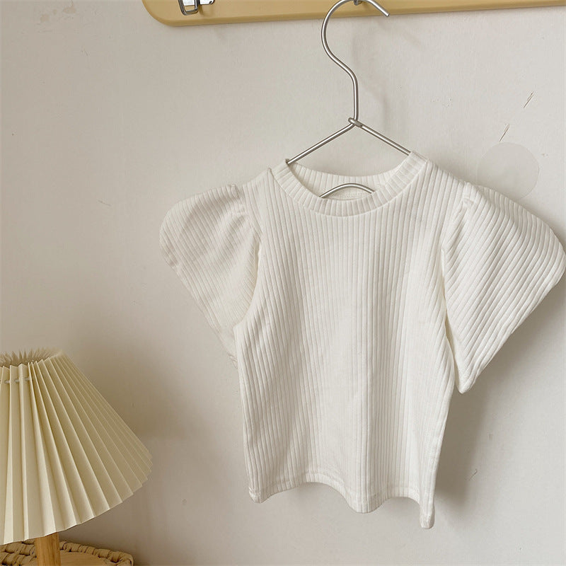 Kids Girls Basic Solid Color Puff Sleeve Round Neck Pit Stripe T-shirt