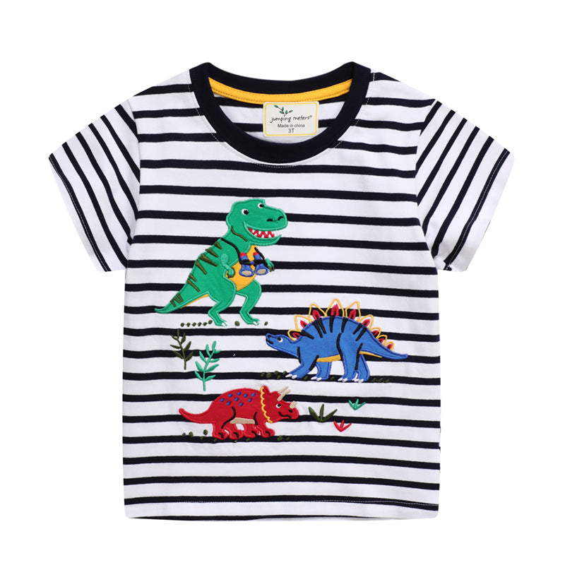 Kids Boys Cute Cartoon Dinosaur Stripe Round Neck Short Sleeve T-shirt
