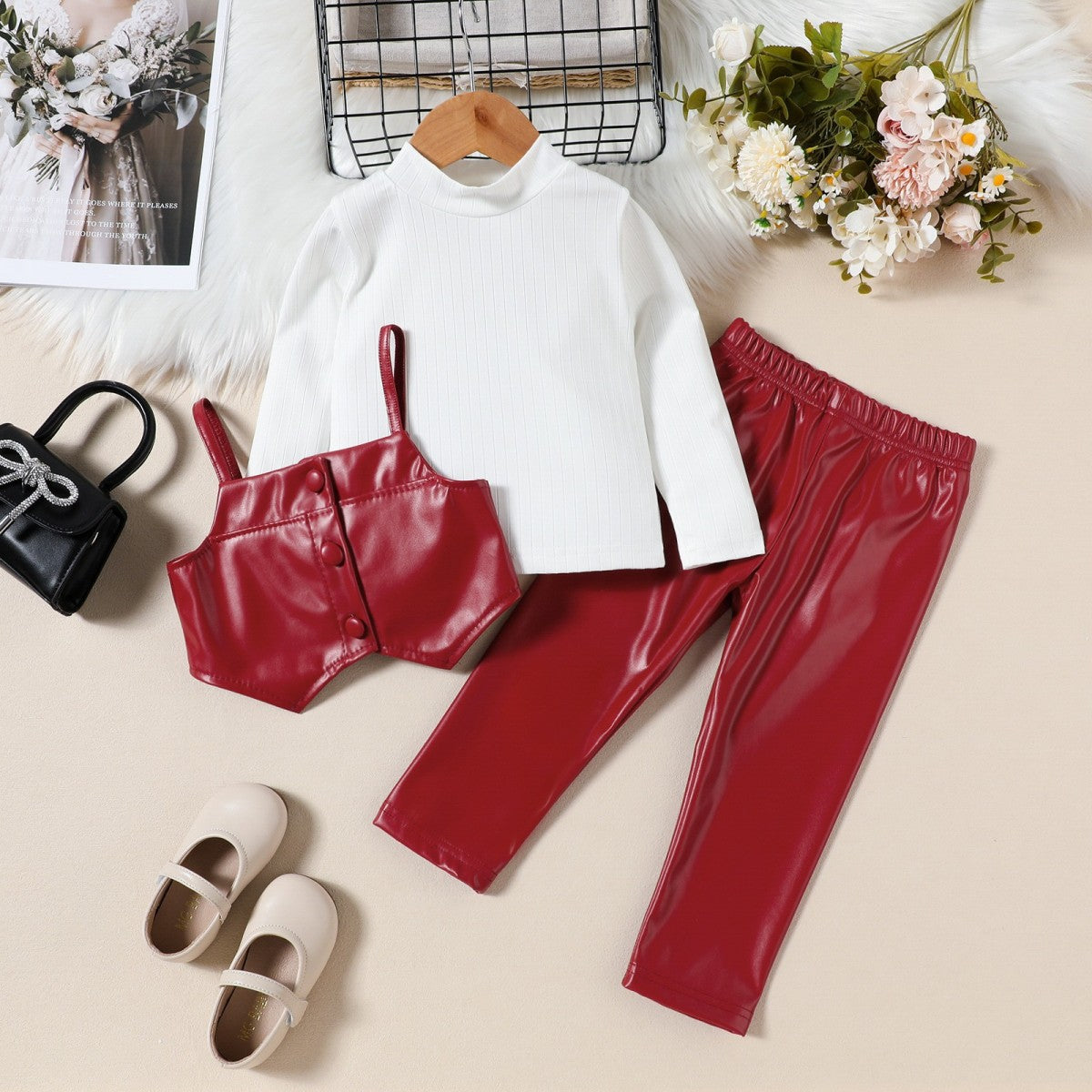 Autumn And Winter Girls Fashion Leather Trousers Three-Piece Set