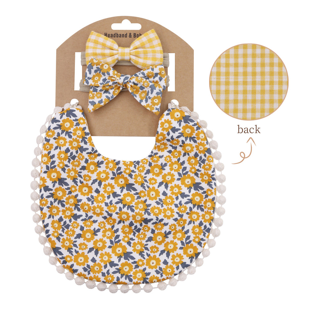 Baby Basic Floral Tassels Bib And Headband Accessories Set