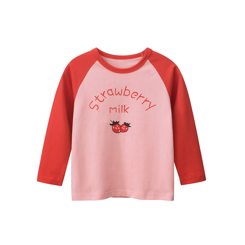 Kids Toddler Big Girls Casual Cute Strawberry Letters Print Long Sleeve Round Neck T-Shirt