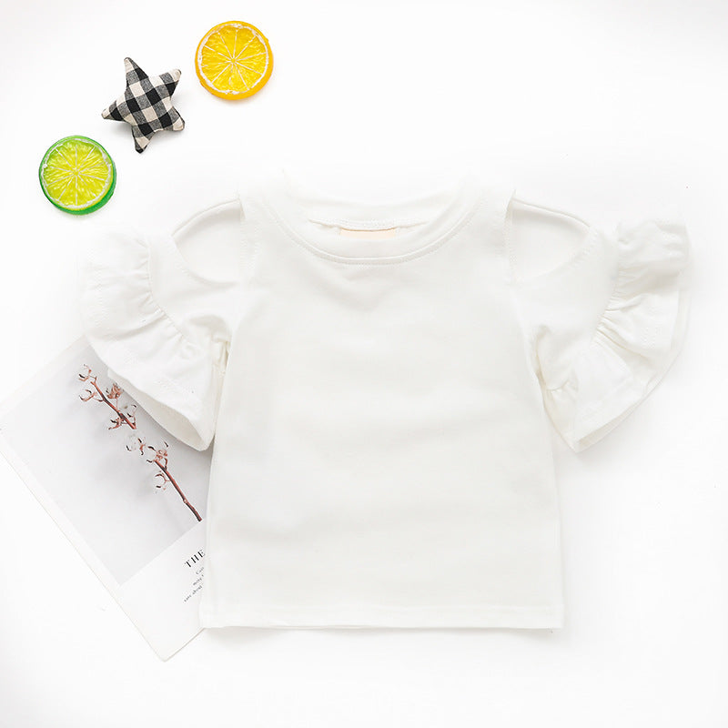 Baby Girls Simple Round Neck Short Sleeve Solid Color Cut Out Ruffled T-shirt