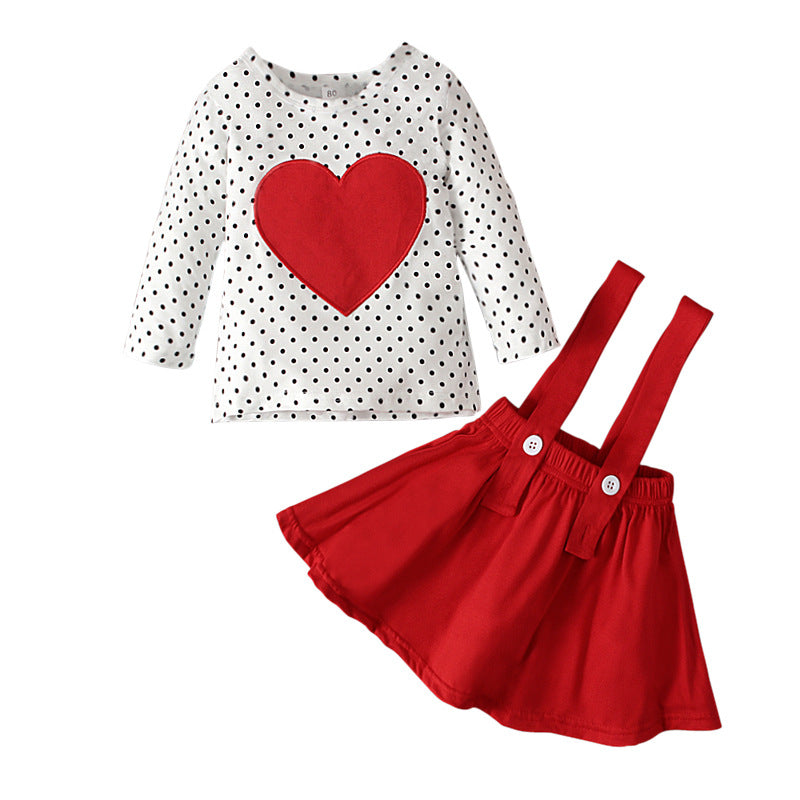 Toddlers Newborn Baby Girls Valentine'S Heart Long Sleeve T-Shirt And Strap Skirt 2pcs Set