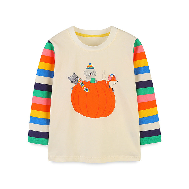 Kids Toddler Boys Girls Halloween Pumpkin Casual Cartoon Print Long Sleeve Round Neck T-Shirt