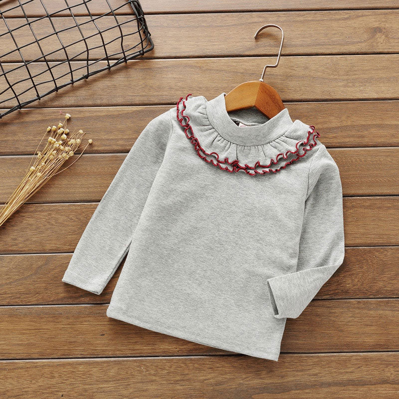 Girls Basic Solid Color Round Neck Long Sleeve Ruffled T-shirt
