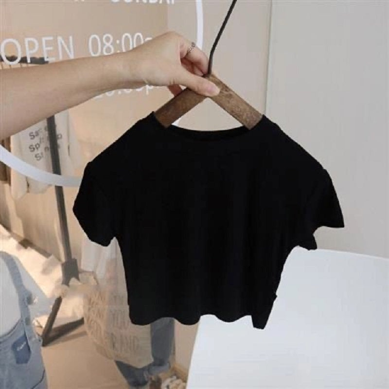 Kids Girls Simple Solid Color Round Neck Short Sleeve Loose T-shirt