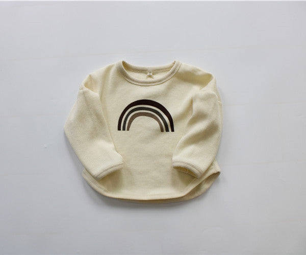 Kids Toddler Boys Girls Casual Cute Rainbow Stripe Waffle Long Sleeve Round Neck T-Shirt
