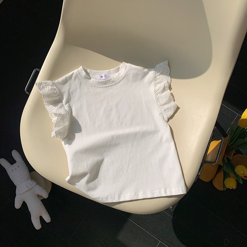 Kids Toddler Girls Casual Cute Solid Color Lace Cap Sleeve Round Neck T-Shirt
