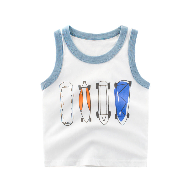 Boys Cute Cartoon Skateboarding Round Neck Sleeveless T-shirt