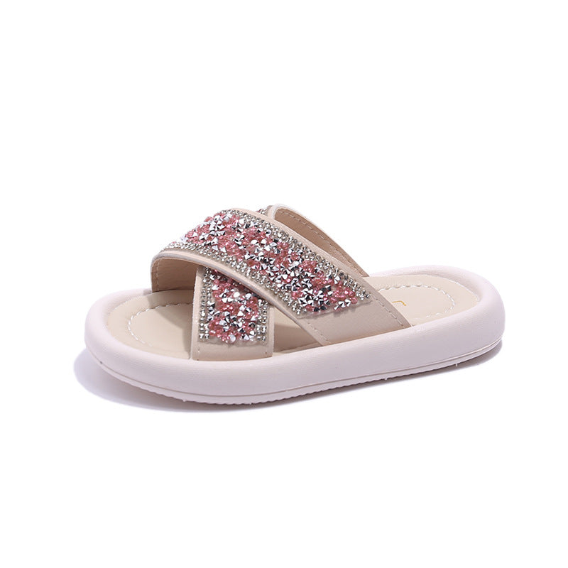 Kids Girls Casual Cute Rhinestone Flat Thick-Soled Slippers