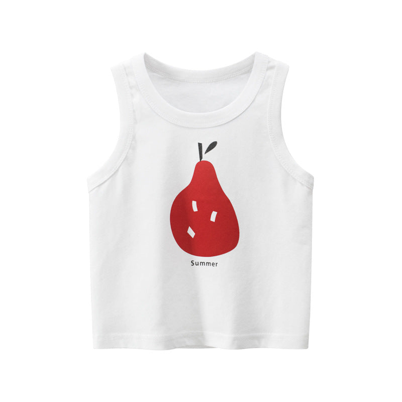 Kids Cute Cartoon Fruit Pear Pineapple Pattern Round Neck Sleeveless T-shirt