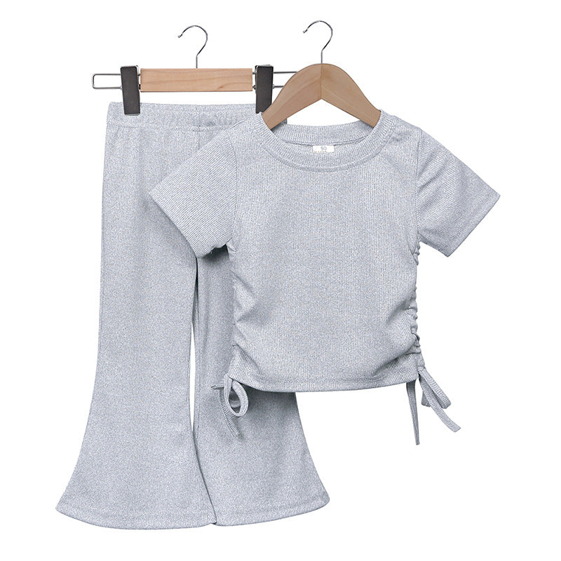 Kids Toddler Girls Casual Cute Solid Color Short Sleeve T-Shirt Flare Trousers Sets