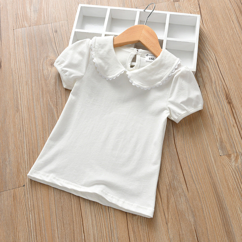 Kids Girls Basic Solid Color Doll Collar Short Sleeve T-shirt