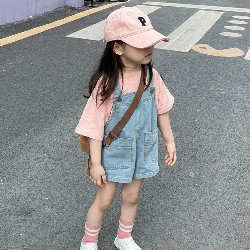 Children Kids Baby Fashion Girls Solid Color Strap Denim Shorts Romper