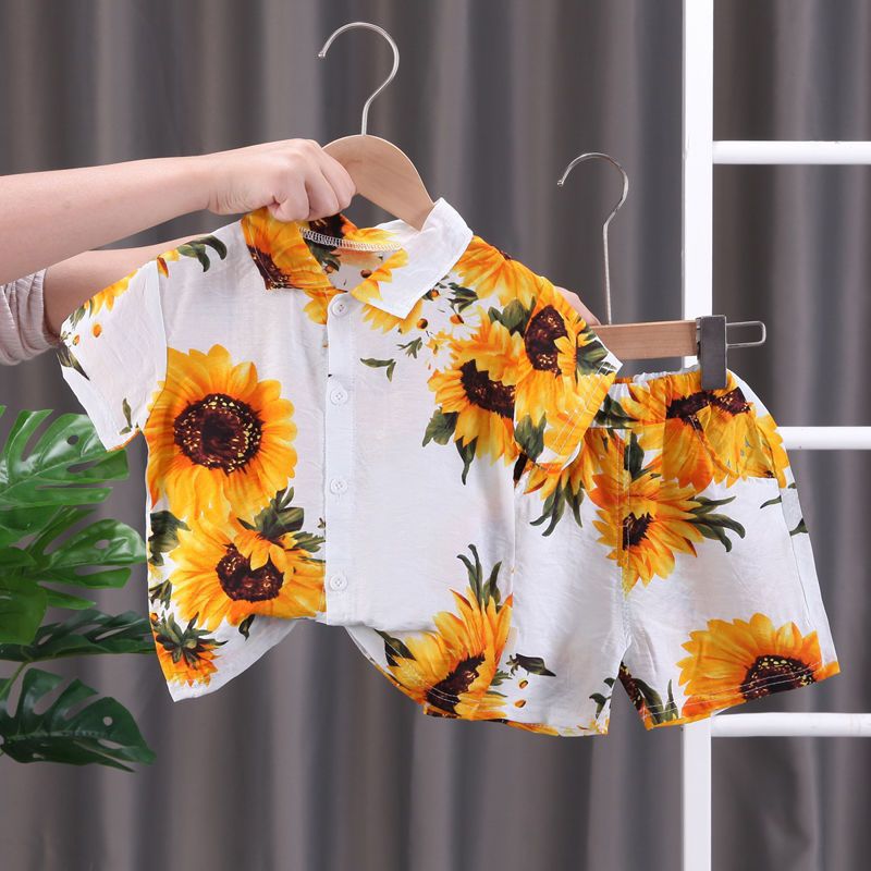 Boys' Fashion Short-Sleeved Printed Shirt Shorts Two-Piece Set