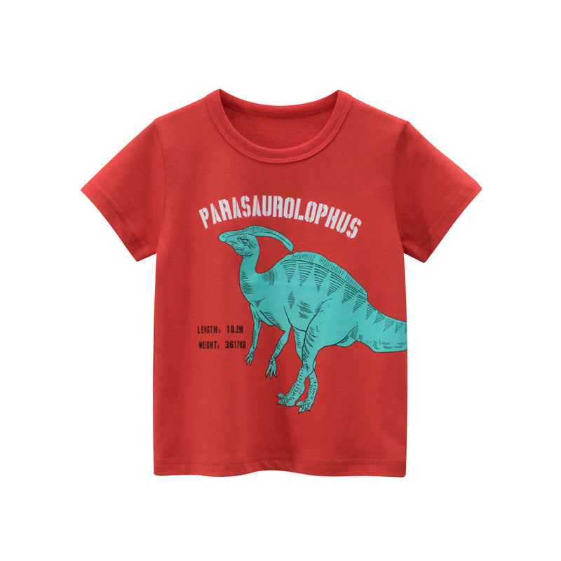 Kids Boys Casual Cartoon Dinosaur Letter Pattern Round Neck Short Sleeve Loose T-shirt