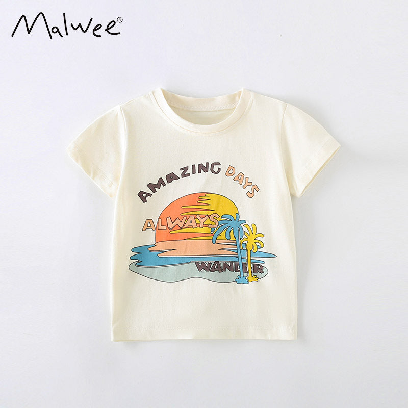 Children Kids Baby Fashion Boys Short Sleeve Cartoon Beach Print T-Shirt