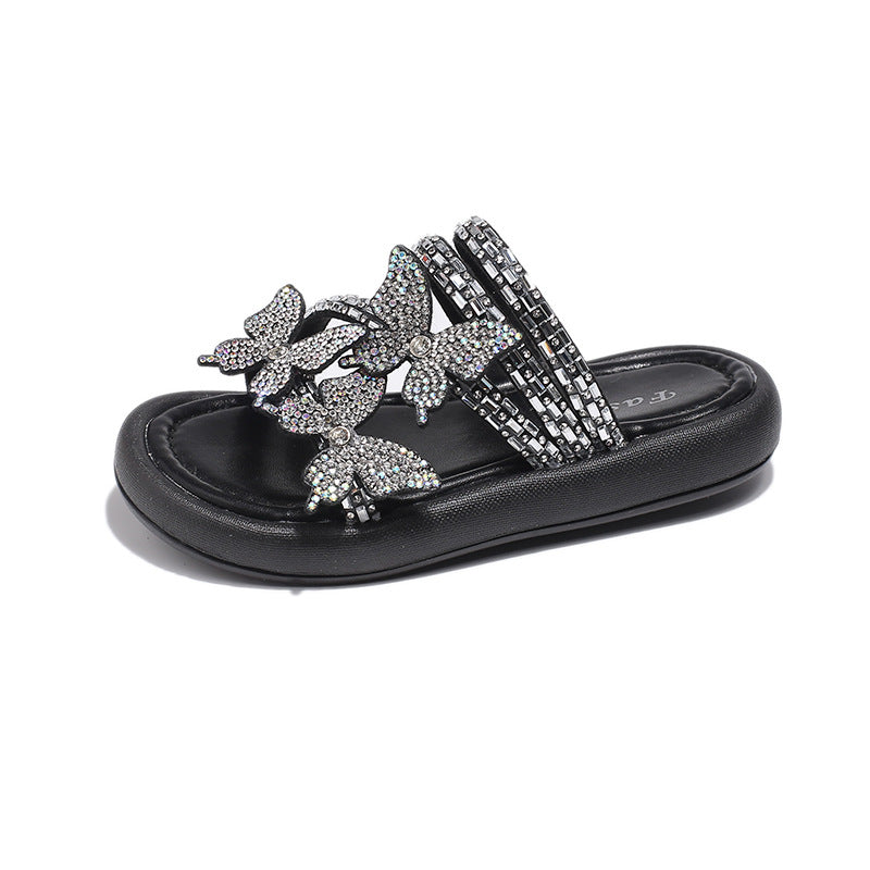 Kids Girls Casual Cute Rhinestone Butterfly Flat Slippers