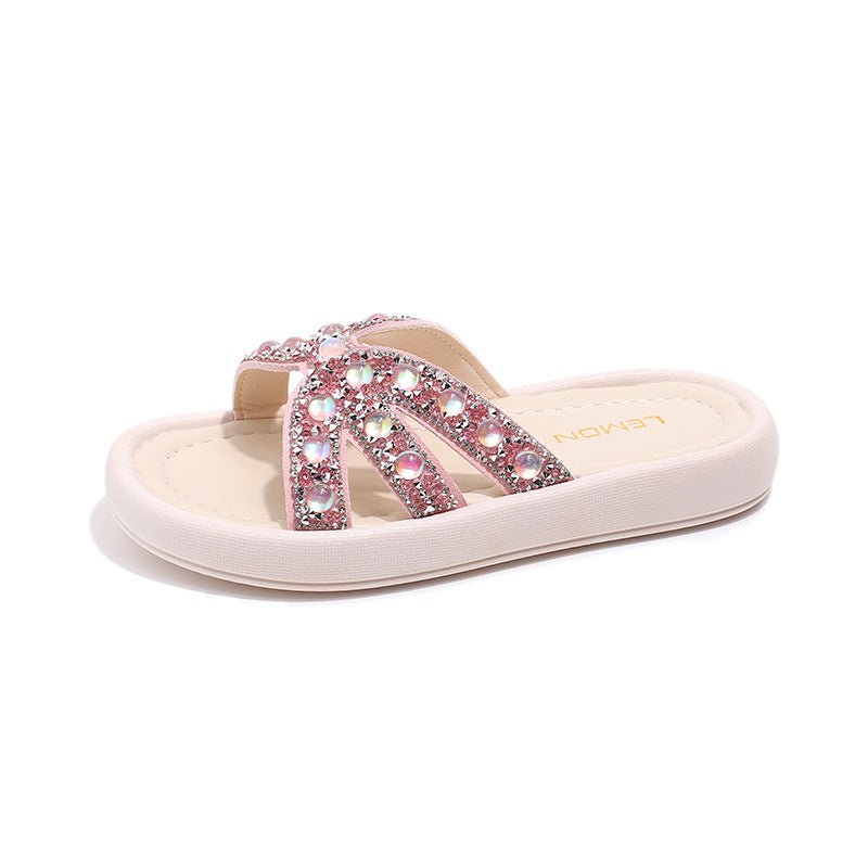 Kids Girls Casual Cute Rhinestone Flat Thick-Soled Slippers