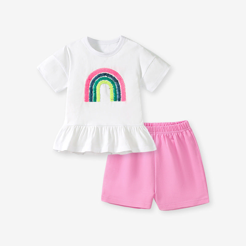 Kids Toddler Girls Casual Rainbow Short Sleeve T-Shirt Shorts Sets