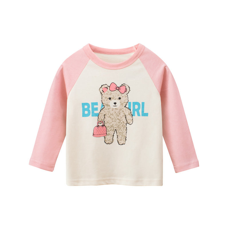Kids Toddler Big Girls Casual Cute Cartoon Bear Letters Print Long Sleeve Round Neck T-Shirt