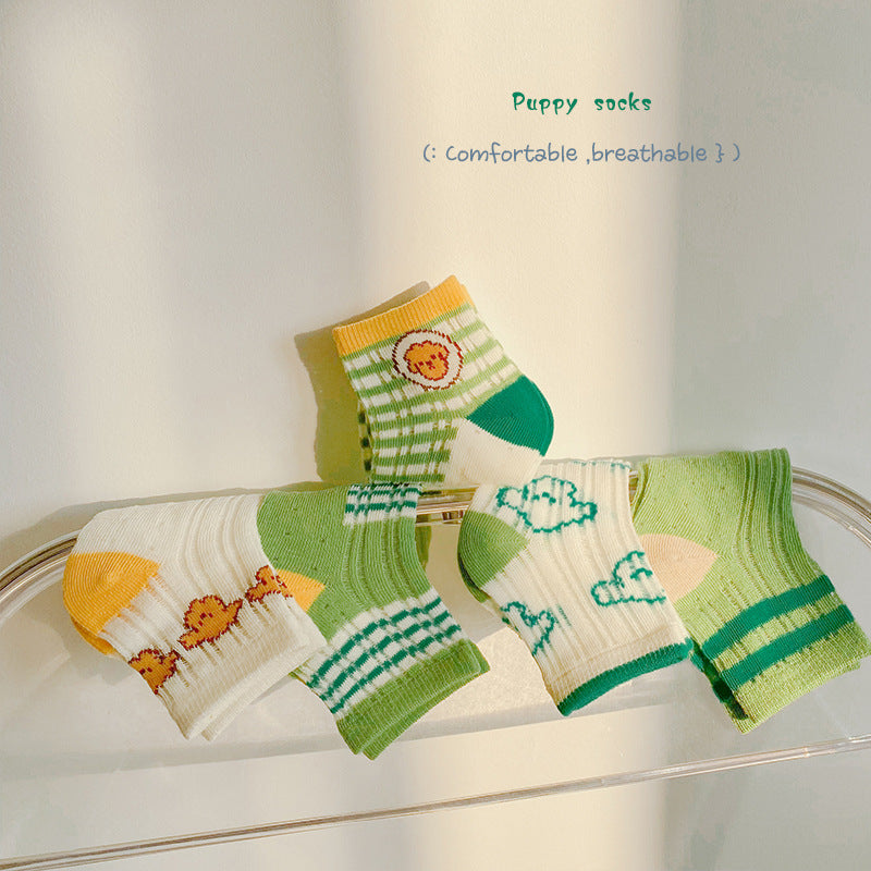 5pairs/set Kids Cute Cartoon Striped Comfortable Breathable Socks