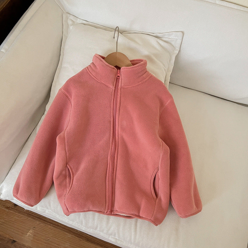 Winter Children Solid Color Fleece-Lined Warm Zipper Coat