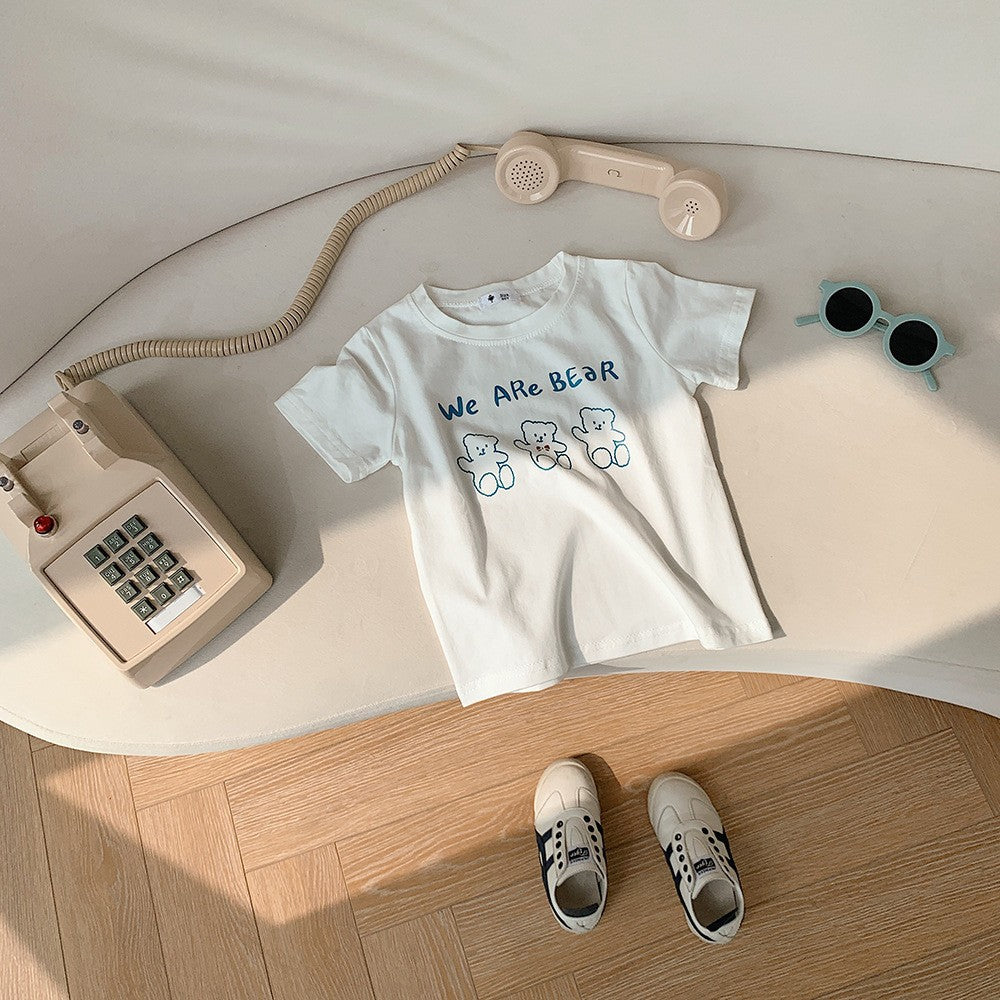 Kids Casual Cartoon Bear Letter Pattern Round Neck Short Sleeve Loose T-shirt