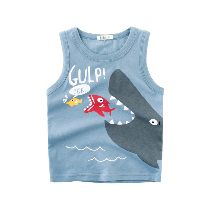 Boys Casual Cartoon Shark Round Neck Sleeveless T-shirt