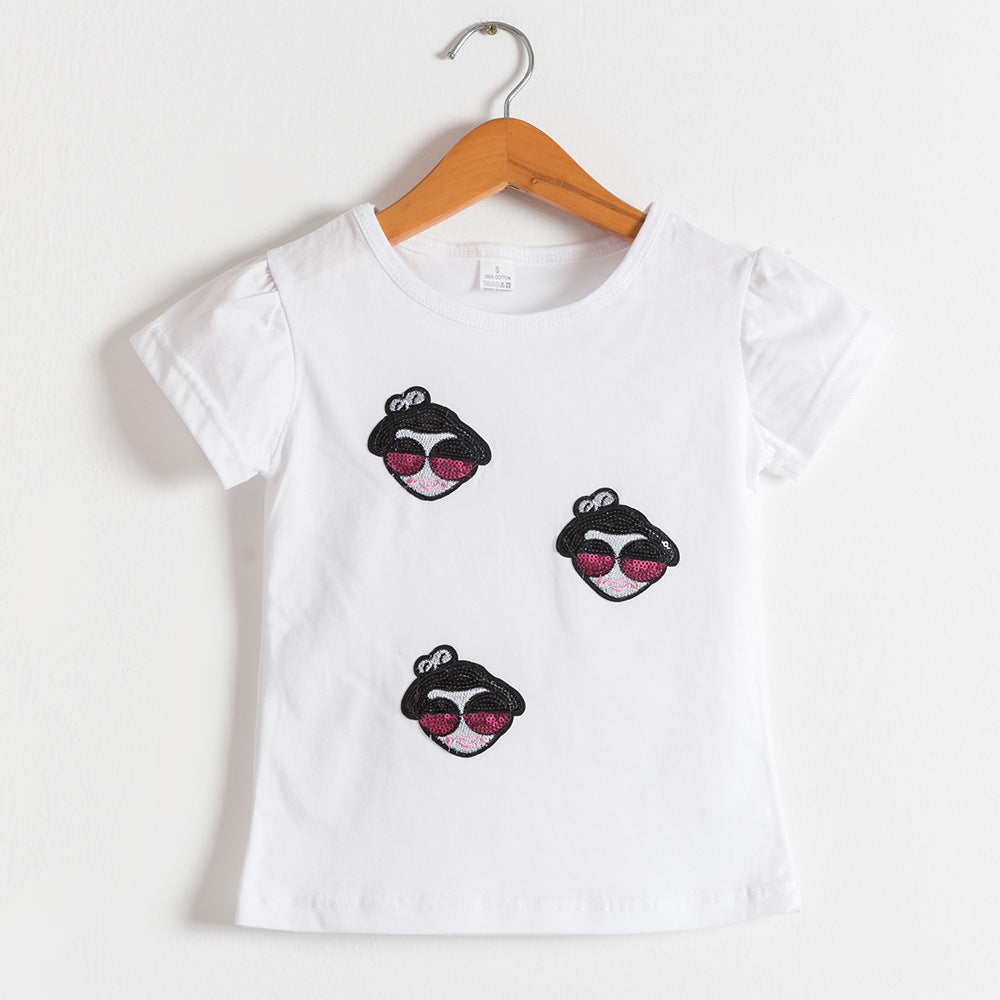Children Kids Baby Fashion Girls Boys Casual Basic Short Sleeve Sequin Cartoon T-Shirt