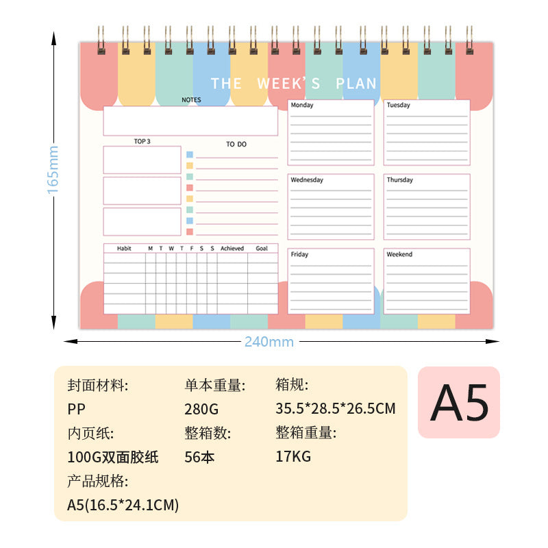 Weekly Planner Sketchpad Pp Board Waterproof Coil Punch Record Book Student Stationery Notebook