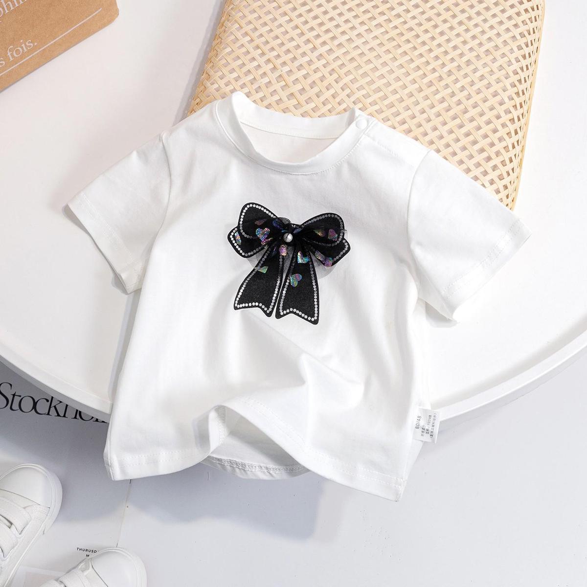 Girl'S Summer Short Sleeve Gauze Bow T-Shirt