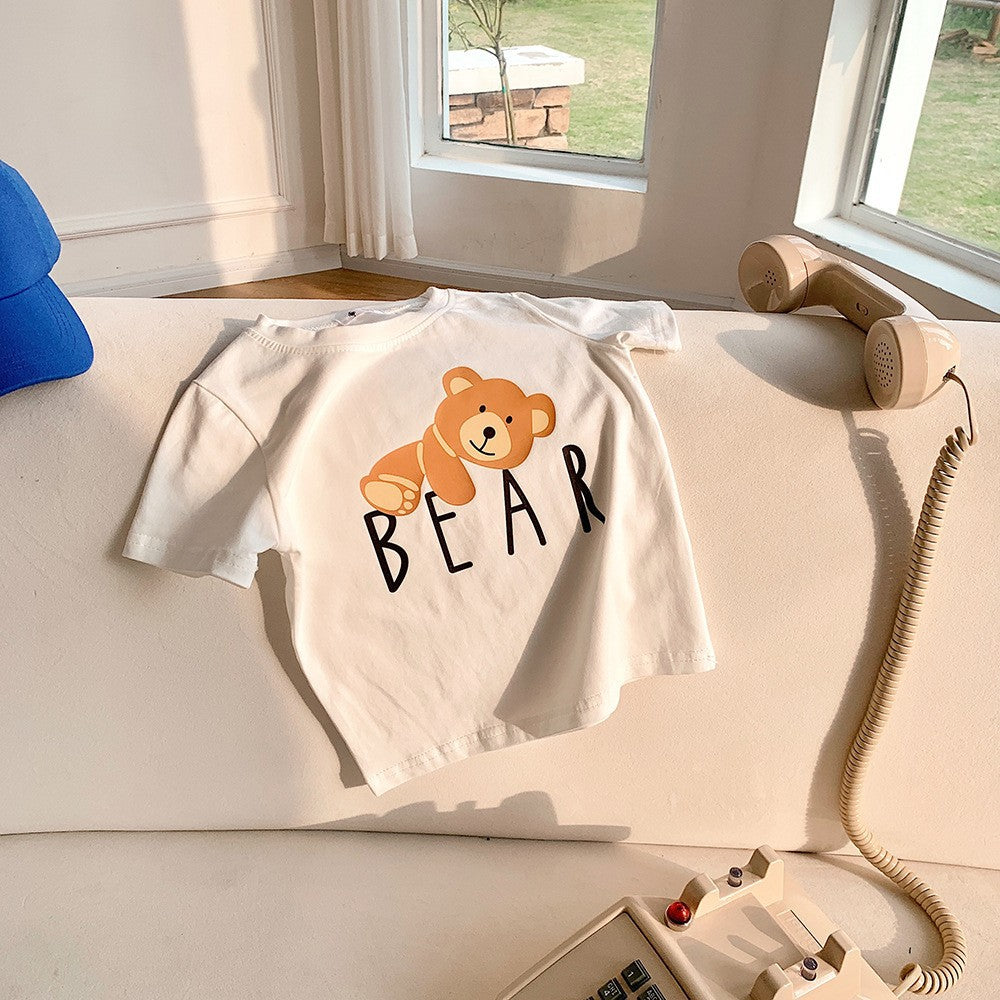 Kids Casual Cartoon Bear Letter Pattern Round Neck Short Sleeve Loose T-shirt