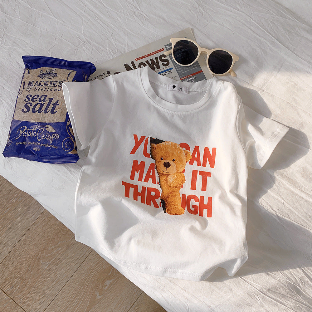 Kids Casual Round Neck Short Sleeve Cartoon Bear Letter Pattern Loose T-shirt