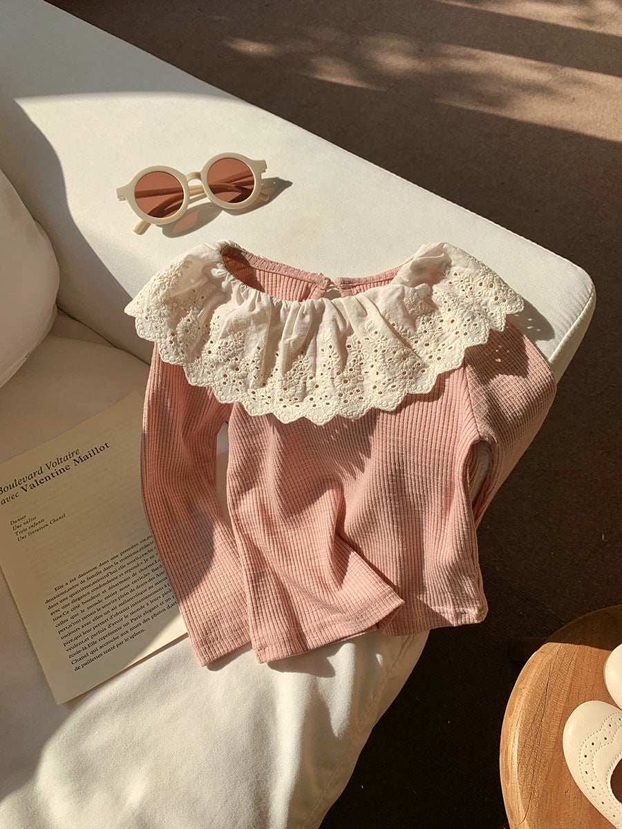 Kids Toddler Girls Spring Autumn Casual Hollow Peter Pan Collar Long Sleeve T-Shirt