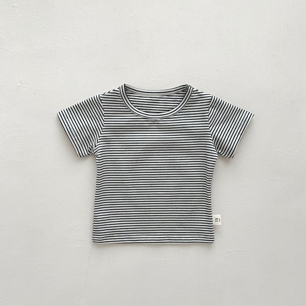 Kids Baby Fashion Casual Solid Color Stripe Cotton Round Neck Short-Sleeve T-Shirt