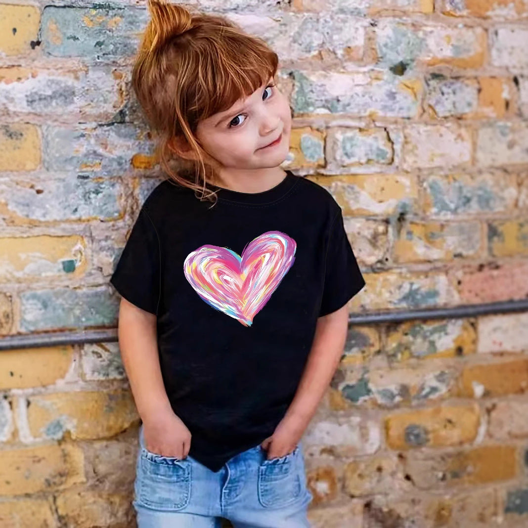Kids Toddler Girls Cute Versatile Heart Print Short Sleeve T-Shirt