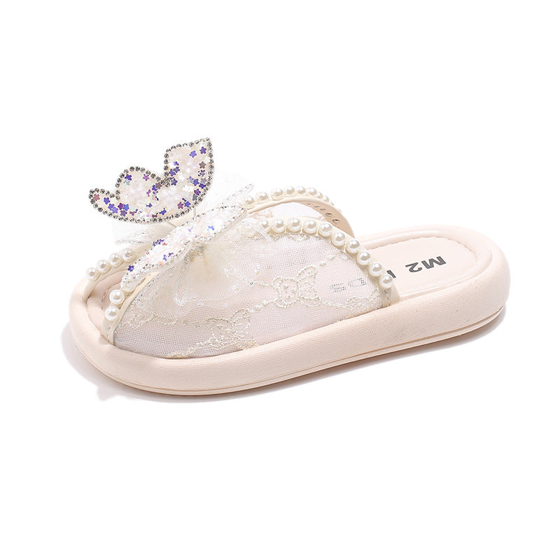 Kids Girls Casual Cute Rhinestone Pearl Bow Flat Thick-Soled Slippers
