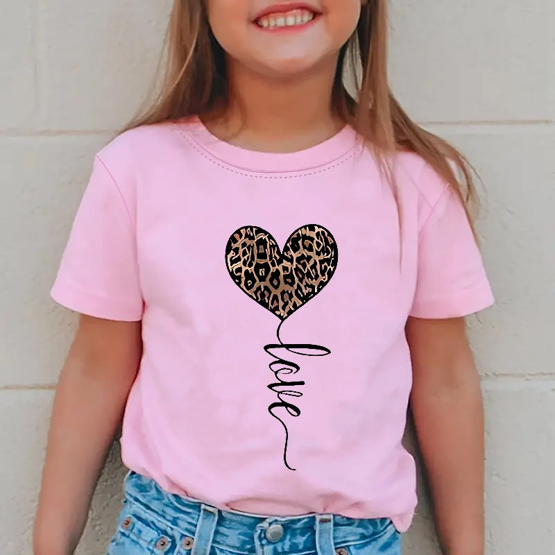 Kids Toddler Girls Casual Heart Print Short Sleeve T-Shirt