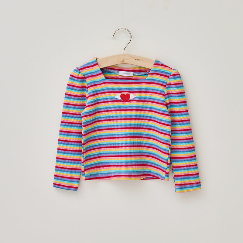 Girl'S Fashion Square Collar Rainbow Stripe Embroidered Top